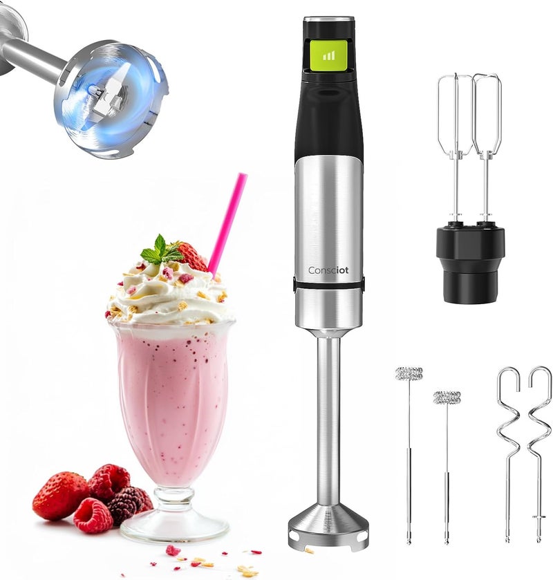 Consciot 4-in-1 Immersion Blender Handheld Max 1100W, Corded Stick Emulsifier with Entire Stainless Steel Blender Shaft, Trigger Speed Control, For Blending, Beating, Frothing, Mixing & More, Non-BPA - Image 1